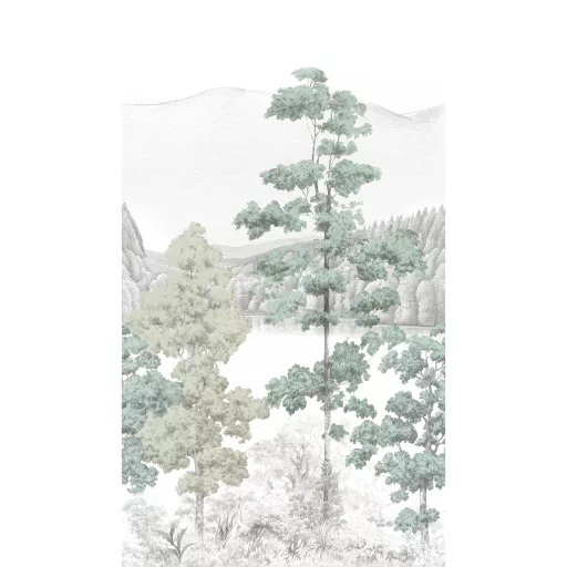 Elegáns erdei panoráma tapéta finom rajzolatú fákkal és hegyekkel 159x280cm