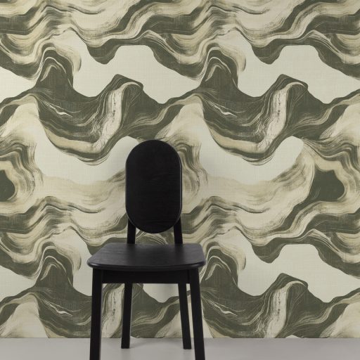 Modern absztrakt hullámmintás tapéta krém alapon  zöld tónussal, textilhatású felülettel