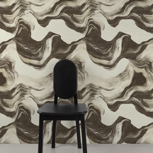 Modern absztrakt hullámmintás tapéta krém alapon  barna tónussal, textilhatású felülettel