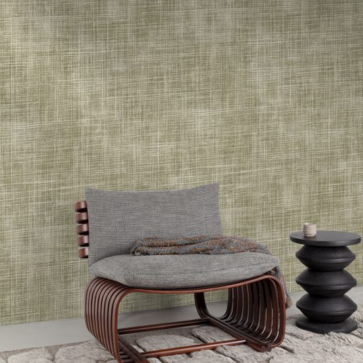 Elegáns, keresztszálas textilhatású tapéta finoman strukturált felülettel, zsályazöld  színben