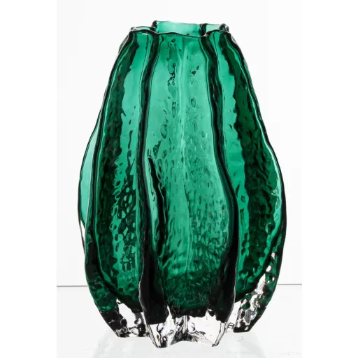 Elegáns, smaragdzöld színű dekorváza különleges, bordázott üvegfelülettel 21x14,5x14,5