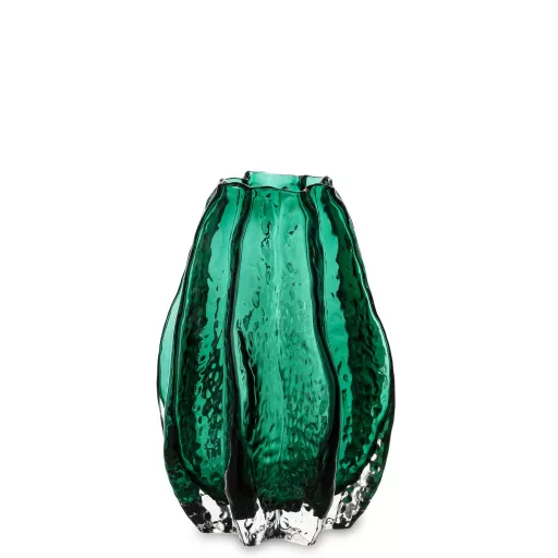 Elegáns, smaragdzöld színű dekorváza különleges, bordázott üvegfelülettel 21x14,5x14,5