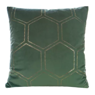   Zöld bársony díszpárna arany geometrikus mintával  – modern elegancia, az enteriőrök tökéletes kiegészítője. 45x45cm