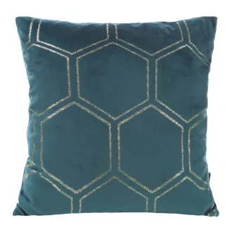   Türkiz zöld bársony díszpárna arany geometrikus mintával  – modern elegancia, az enteriőrök tökéletes kiegészítője. 45x45cm