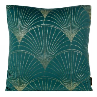   Art Deco bársony díszpárna sötét türkiz- arany színű legyező mintával .Modern,elegáns, art-deco enteriőrök tökéletes kiegészítője. 45x45cm