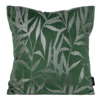   Zöld bársony díszpárna ezüst levélmintával – modern elegancia, az enteriőrök tökéletes kiegészítője. 45x45cm