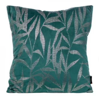   Türkiz bársony díszpárna arany levélmintával – modern elegancia, az enteriőrök tökéletes kiegészítője. 45x45cm
