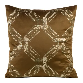   Bronz színű bársony díszpárna arany geometrikus mintával  – modern elegancia, az enteriőrök tökéletes kiegészítője. 45x45cm