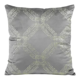   Szürke színű bársony díszpárna arany geometrikus mintával  – modern elegancia, az enteriőrök tökéletes kiegészítője. 45x45cm