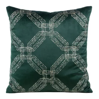   Sötétzöld bársony díszpárna arany geometrikus mintával  – modern elegancia, az enteriőrök tökéletes kiegészítője. 45x45cm