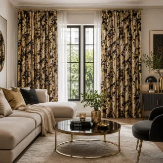   Fekete-arany trópusi mintás bársony dekorfüggöny – Elegáns prémium függöny , fém ringlivel rúdkarnishoz ,140X250cm
