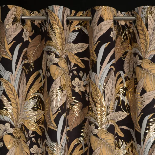 Fekete-arany trópusi mintás bársony dekorfüggöny – Elegáns prémium függöny , fém ringlivel rúdkarnishoz ,140X250cm