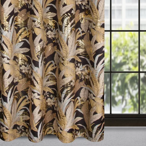 Fekete-arany trópusi mintás bársony dekorfüggöny – Elegáns prémium függöny , fém ringlivel rúdkarnishoz ,140X250cm
