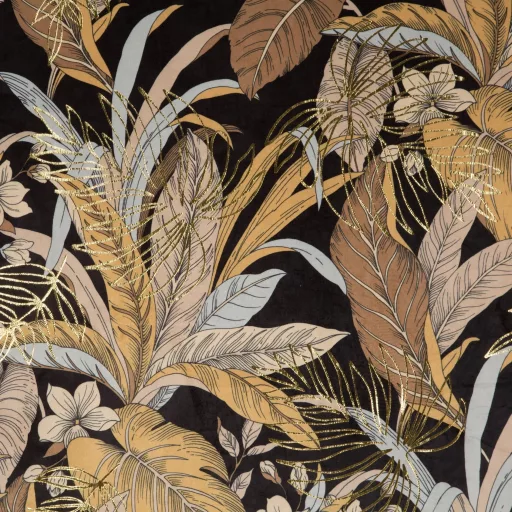 Fekete-arany trópusi mintás bársony dekorfüggöny – Elegáns prémium függöny , fém ringlivel rúdkarnishoz ,140X250cm