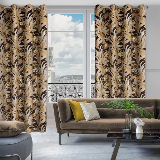 Fekete-arany trópusi mintás bársony dekorfüggöny – Elegáns prémium függöny , fém ringlivel rúdkarnishoz ,140X250cm