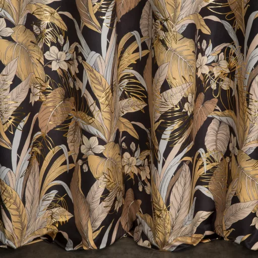 Fekete-arany trópusi mintás bársony dekorfüggöny – Elegáns prémium függöny , fém ringlivel rúdkarnishoz ,140X250cm