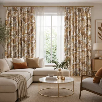   Fehér-barna  trópusi mintás bársony dekorfüggöny – Elegáns prémium függöny , fém ringlivel rúdkarnishoz ,140X250cm