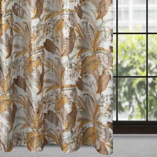 Fehér-barna  trópusi mintás bársony dekorfüggöny – Elegáns prémium függöny , fém ringlivel rúdkarnishoz ,140X250cm
