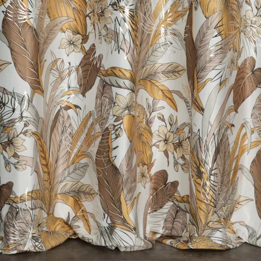 Fehér-barna  trópusi mintás bársony dekorfüggöny – Elegáns prémium függöny , fém ringlivel rúdkarnishoz ,140X250cm