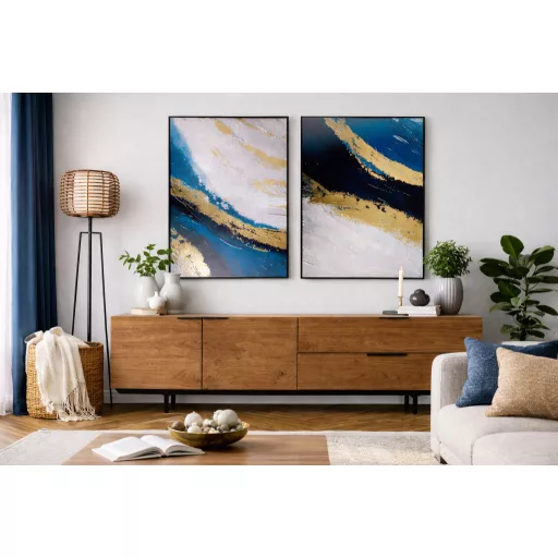 Elegáns absztrakt vászonkép mély sötétkék, szürke és fényes arany részlettel 60X90 cm