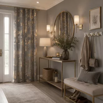   Arany virágmintás sötétítő függöny – Elegáns szürke  bársony dekorfüggöny fényes  mintával – arany színű ringlikkel 140X250cm 