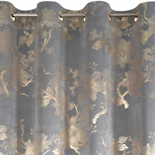 Arany virágmintás sötétítő függöny – Elegáns szürke  bársony dekorfüggöny fényes  mintával – arany színű ringlikkel 140X250cm 