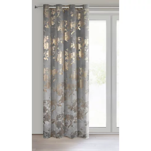 Arany virágmintás sötétítő függöny – Elegáns szürke  bársony dekorfüggöny fényes  mintával – arany színű ringlikkel 140X250cm 