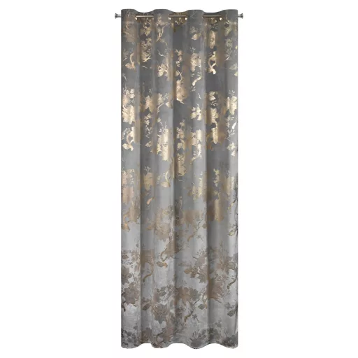 Arany virágmintás sötétítő függöny – Elegáns szürke  bársony dekorfüggöny fényes  mintával – arany színű ringlikkel 140X250cm 