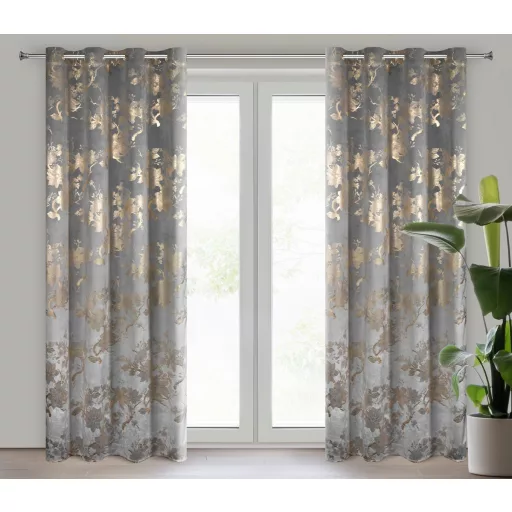 Arany virágmintás sötétítő függöny – Elegáns szürke  bársony dekorfüggöny fényes  mintával – arany színű ringlikkel 140X250cm 