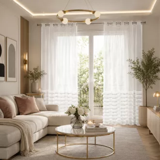   Fehér voile  fényáteresztő  készfüggöny rojtos design  díszítéssel – légies elegancia ezüst ringlikkel 140X250cm 