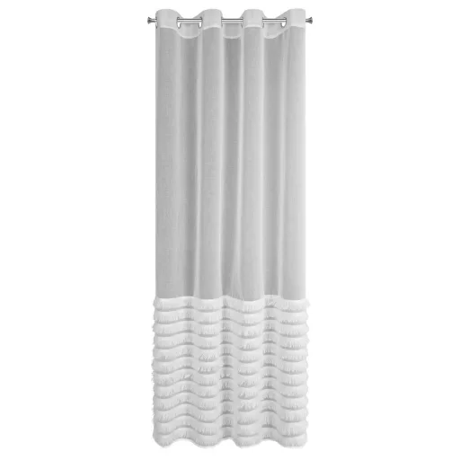 Fehér voile  fényáteresztő  készfüggöny rojtos design  díszítéssel – légies elegancia ezüst ringlikkel 140X250cm 