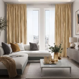   Elegáns arany fényes dekorfüggöny prémium  anyagból. Fémes csillogás, exkluzív megjelenés–egyenletes ceruza ráncolóval, rúdkarnisra és sínes karnishoz ,140X270cm