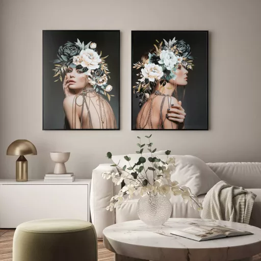 Különleges női portré lenyomat ,  vászonkép finom virágmotívumokkal 60X80x3.5 cm