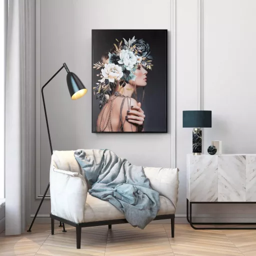 Különleges női portré lenyomat ,  vászonkép finom virágmotívumokkal 60X80x3.5 cm