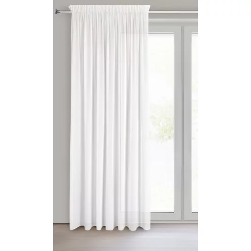 Modern törtfehér voile készfüggöny egyenletes ceruza ráncolóval, rúdkarnisra és sínes karnisra, csipesszel és kampóval rögzíthető. Attetsző anyaga kellemes természetes fényt enged a helyiségbe, miközben elegáns megjelenést biztosít 400X270cm 