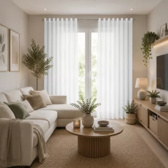   Modern fehér voile készfüggöny fém ringlikkel, fémkarikákkal, rúdkarnisra -Könnyed, áttetsző anyaga kellemes természetes fényt enged a helyiségbe, miközben elegáns megjelenést biztosít 350X250cm 