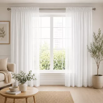   Modern fehér voile készfüggöny egyenletes ceruza ráncolóval, rúdkarnisra és sínes karnisra, csipesszel és kampóval rögzíthető. Könnyed, áttetsző anyaga kellemes természetes fényt enged a helyiségbe, miközben elegáns megjelenést biztosít, 140X270cm 