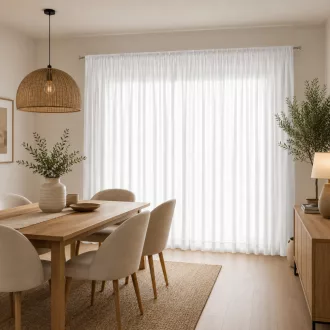   Modern fehér voile készfüggöny egyenletes ceruza ráncolóval, rúdkarnisra és sínes karnisra, csipesszel és kampóval rögzíthető. Könnyed, áttetsző anyaga kellemes természetes fényt enged a helyiségbe, miközben elegáns megjelenést biztosít, 350X270cm 