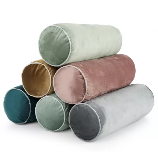 Púder rózsaszínszínű  bársony henger díszpárna – Elegáns dekoráció nappaliba és hálószobába  -egyedi szabású párnabelsővel-  15 x 45 cm