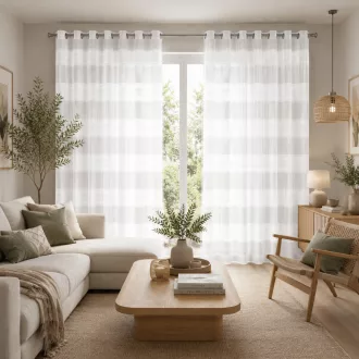   Légies megjelenésű, fehér voile készfüggöny dekoratív vízszintes csíkos betétekkel, fém ringlikkel, fémkarikákkall, rúdkarnishoz. 140X250cm  