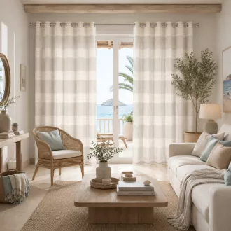  Légies megjelenésű,beige voile készfüggöny dekoratív vízszintes csíkos betétekkel, fém ringlikkel, fémkarikákkall, rúdkarnishoz. 140X250cm  