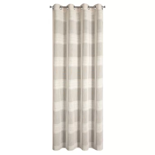 Légies megjelenésű,beige voile készfüggöny dekoratív vízszintes csíkos betétekkel, fém ringlikkel, fémkarikákkall, rúdkarnishoz. 140X250cm  