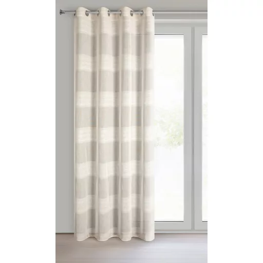 Légies megjelenésű,beige voile készfüggöny dekoratív vízszintes csíkos betétekkel, fém ringlikkel, fémkarikákkall, rúdkarnishoz. 140X250cm  
