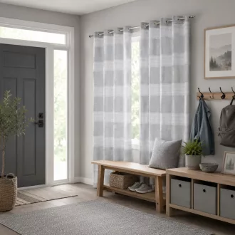   Légies megjelenésű szürke voile készfüggöny dekoratív vízszintes csíkos betétekkel, fém ringlikkel, fémkarikákkall, rúdkarnishoz. 140X250cm  