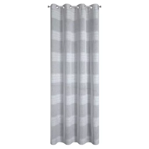 Légies megjelenésű szürke voile készfüggöny dekoratív vízszintes csíkos betétekkel, fém ringlikkel, fémkarikákkall, rúdkarnishoz. 140X250cm  