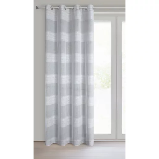 Légies megjelenésű szürke voile készfüggöny dekoratív vízszintes csíkos betétekkel, fém ringlikkel, fémkarikákkall, rúdkarnishoz. 140X250cm  