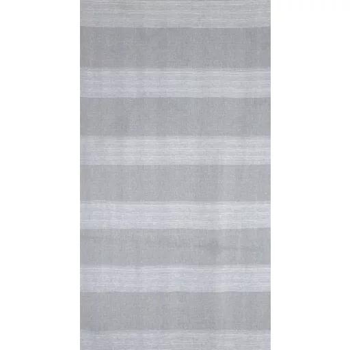 Légies megjelenésű szürke voile készfüggöny dekoratív vízszintes csíkos betétekkel, fém ringlikkel, fémkarikákkall, rúdkarnishoz. 140X250cm  