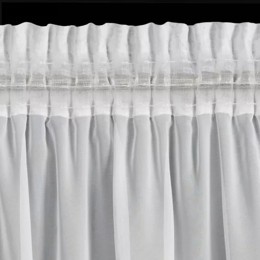 Lágy esésű, fehér voile készfüggöny arany márványhatású mintával – elegáns fényáteresztő függöny egyenletes ceruza behúzószalaggal,-rúdkarnishoz és sínes karnisra, csipesszel és kampóval rögzíthető 140X270cm 