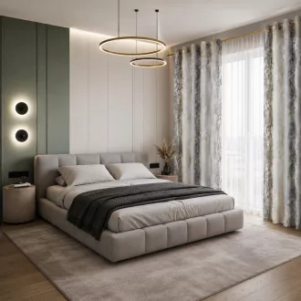   Szürke árnyalatú készfüggöny ,aranyló- festett hatású mintázattal – fém ringlivel rúdkarnishoz 135X250cm