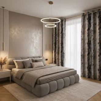   Szürke árnyalatú készfüggöny ,aranyló- festett hatású mintázattal – fém ringlivel rúdkarnishoz 135X250cm
